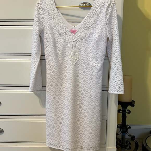Lilly Pulitzer White Lace V Neck Lined Dress, Boho Swimsuit Cover-up Like New - Picture 1 of 9